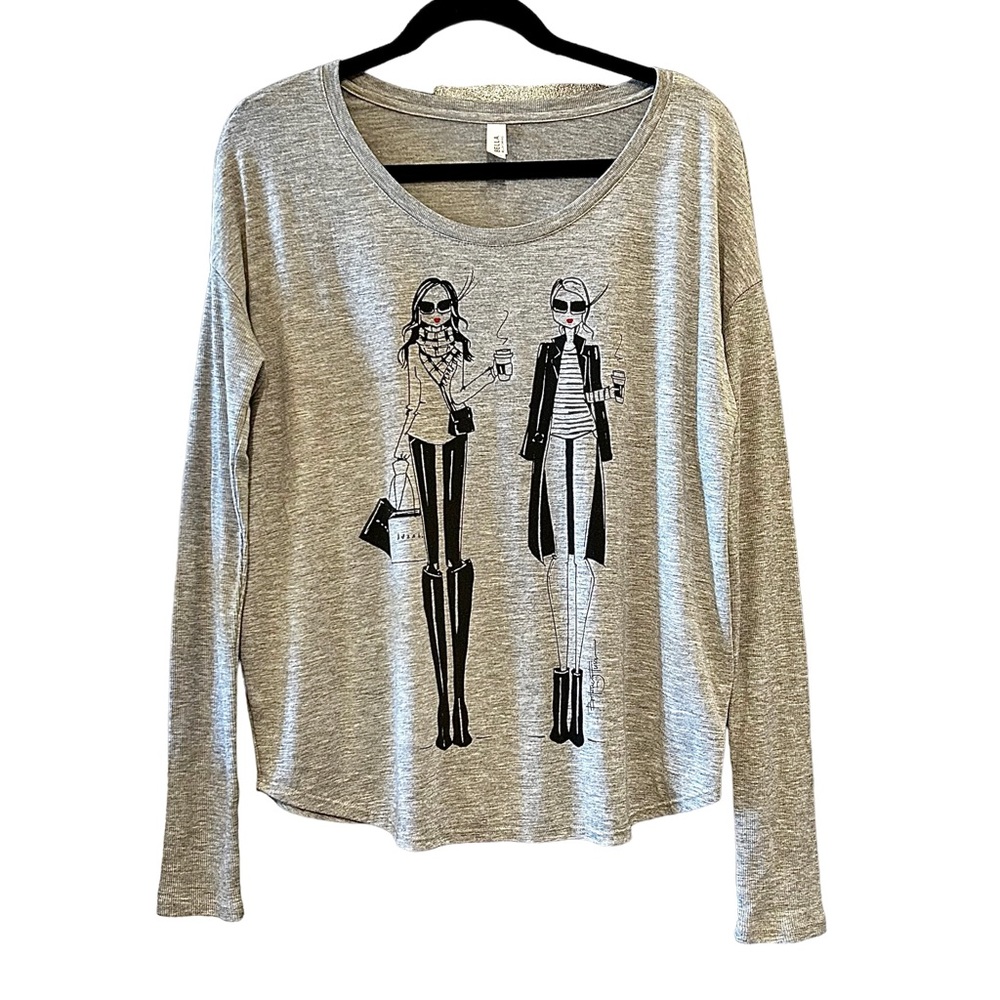 Bella Canvas Long Sleeved Grey Graphic Woman Tee Top Shirt Size M